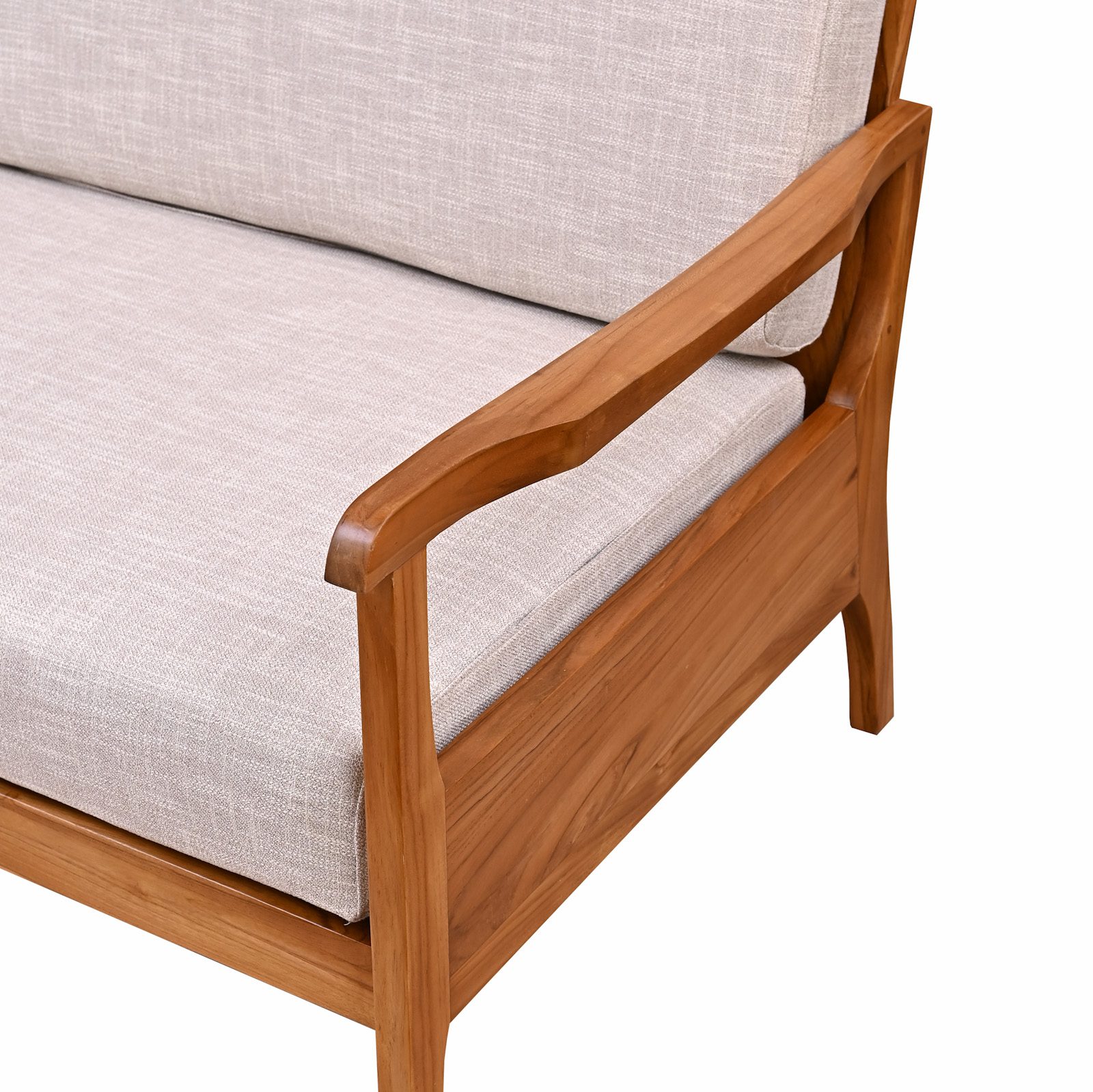 A Close Up Teak Wood Chair Furniture With White Cushion