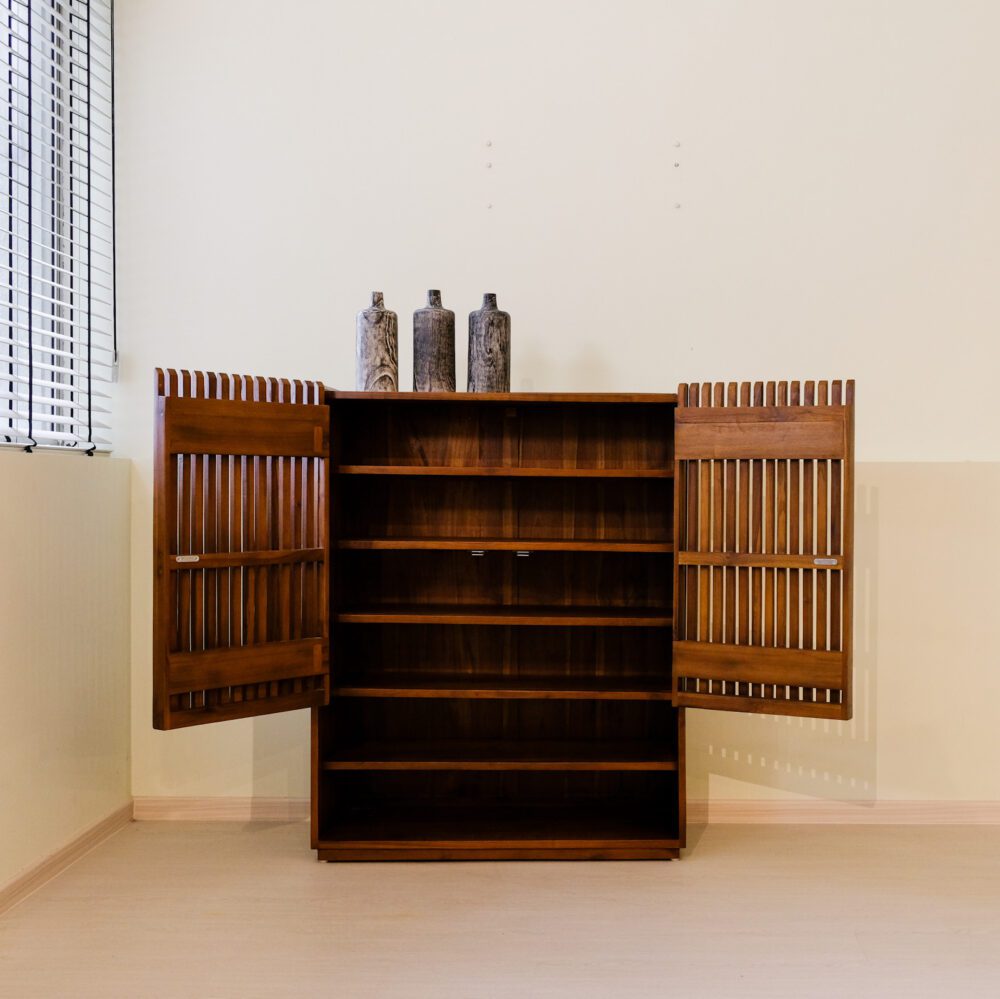 opened wooden rattan shoe cabinet