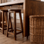 rows of solid wood barstools