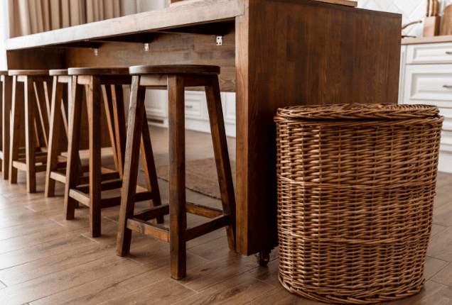 rows of solid wood barstools